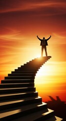 Silhouette of a confident person atop a staircase against a vibrant sunset