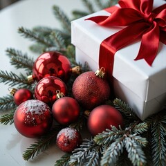 White gift box with red ribbon Christmas