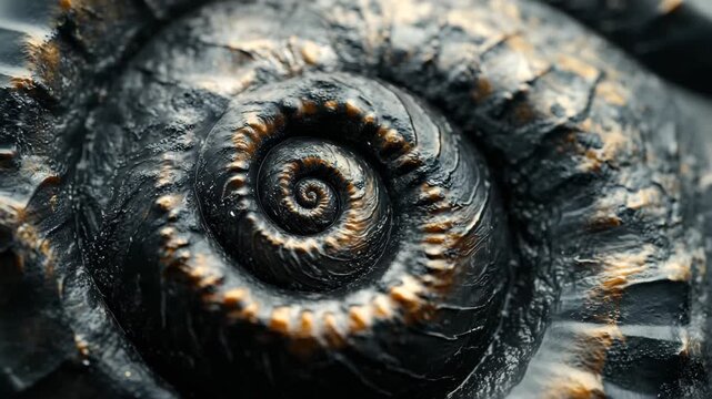 The close-up view reveals the stunning textures and patterns of a black spiral shell, emphasizing its intricate design and natural beauty in a still moment.