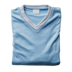 Folded, light blue V-neck shirt with white trim and label