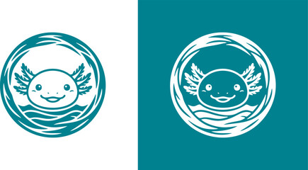 Logo A charming vector logo featuring a cute smiling axolotl. This adorable aquatic amphibian character is framed in a circular water wave design, perfect for a mascot