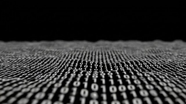 Abstract digital wave of binary code flowing in a dark, futuristic cyberspace