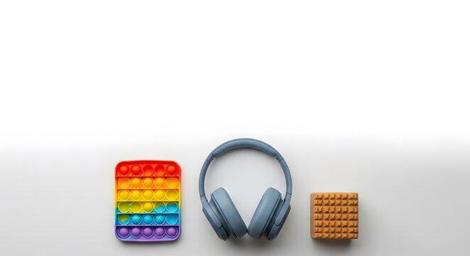 Fidget Toys, Headphones, and Sensory Cube for Stress Relief Flat Lay perfect for website banner, blog post, social media content,