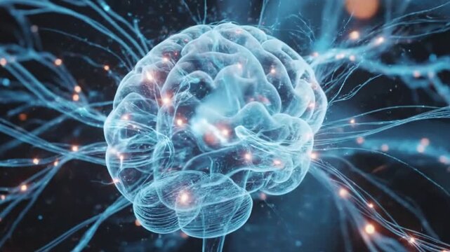 Holographic human brain with glowing neuron network and fiber-optic connections visualizing artificial intelligence, data flow, and futuristic digital science concept.