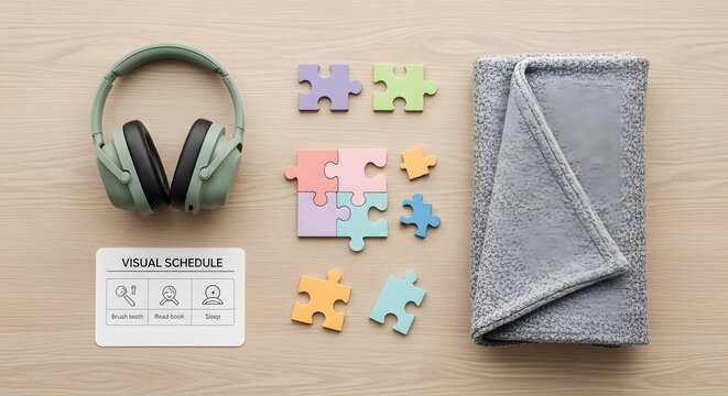 Essential Tools for Autism and Sensory Support: Visual Schedule, Headphones, Puzzles, and Comfort Blanket perfect for educational