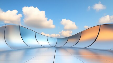 A futuristic, reflective surface curves gracefully under a clear blue sky with fluffy clouds, ideal for use in technology, design, or abstract concepts, offering a serene, modern ambiance,