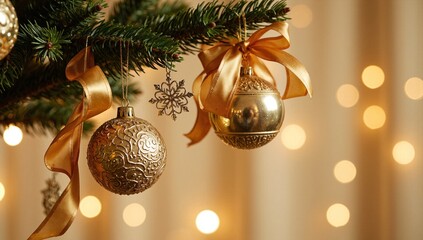 Golden Christmas ornaments hanging evergreen branch bokeh
