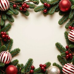 Christmas frame evergreen branches decorations square background