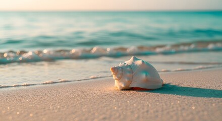 Conch Shell on Pristine Tropical Beach at Sunset perfect for website banner, travel brochure, social media, home decor, print ads,