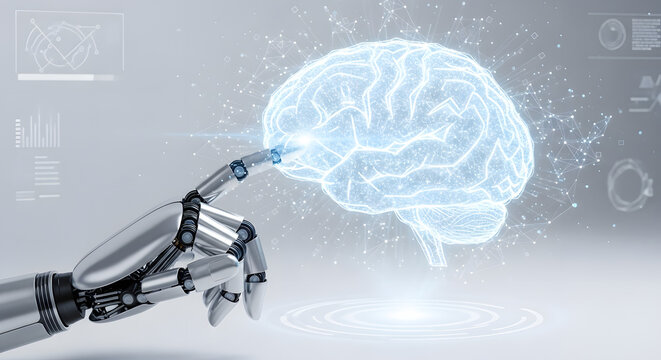 Robot hand touching glowing brain representing artificial intelligence and machine learning.