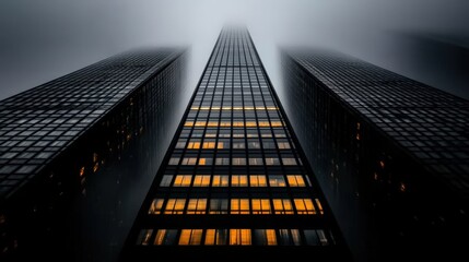 A striking view of tall skyscrapers partially shrouded in fog, highlighting illuminated windows, This image is ideal for themes of urban life, architecture, or business presentations,