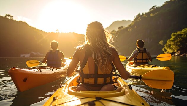 Kayaking adventure - Friends exploring nature on a sunny river. - Powered by Adobe