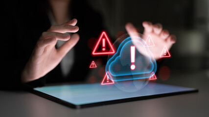 Red alert triangles over a blue cloud icon, symbolizing cloud security threats, system warnings,...