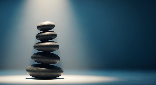 Zen Stone Stack: Perfect Balance and Serenity Under Spotlight perfect for spa advertising, wellness blog, meditation app, - Powered by Adobe