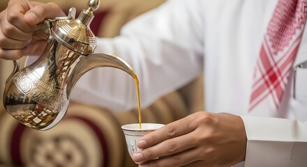 A person pouring tea from a traditional teapot into a small cup during a cultural or social gathering in an indoor setting