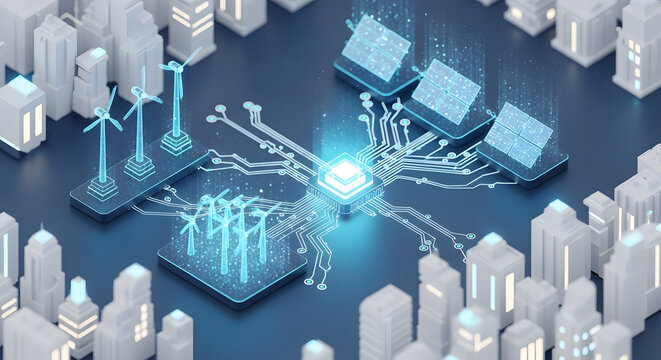 Smart city energy management with renewable sources and advanced technology.