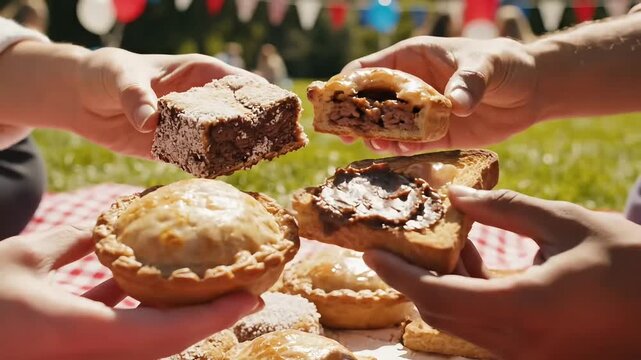 Australian Picnic Feast with Lamingtons, Meat Pie, and Vegemite Toast

