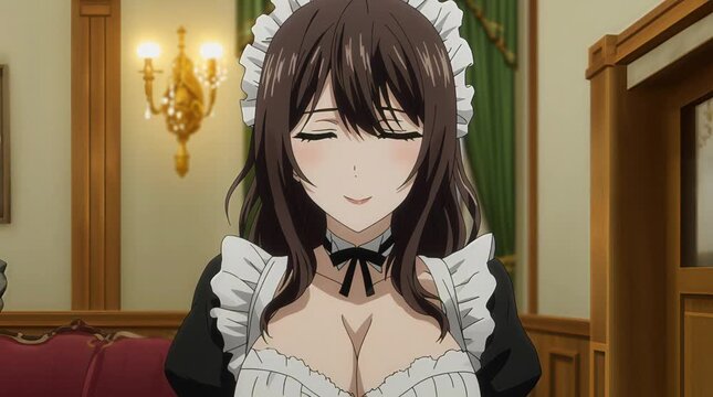 Close Up of Maid Woman Wearing Black and White Uniform in Luxury Modern House Interior