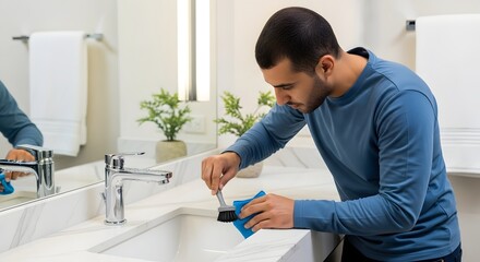 A young man cleaning a white bathroom sink with a brush and cleaning solution in a modern home setting
