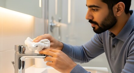 A young man cleaning a modern bathroom sink with a cloth to maintain hygiene and cleanliness in a well-lit environment