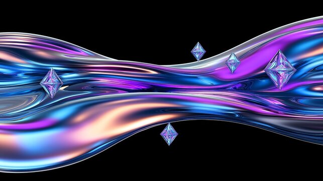 Abstract metallic waveform with colorful floating crystals on black background