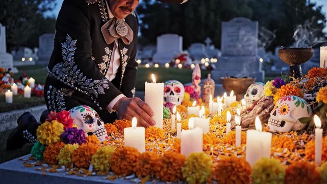 Day of the Dead Altar in Cemetery with Candles and Skulls