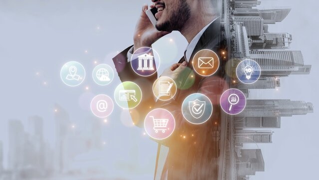 Set of business and digital service icons representing finance, cloud, analytics, email, communication, ecommerce, cybersecurity, and global connectivity in a modern ecosystem Marrow