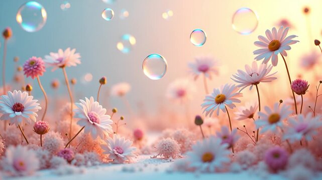 Delicate White Daisy Flowers Bloom in Soft Sunlight with Floating Bubbles and Bokeh Effect