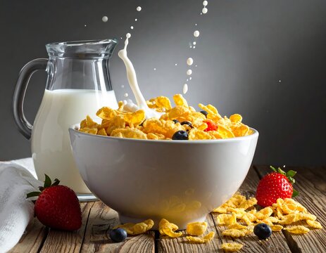 Breakfast cereal in a white bowl, with milk pouring in, pitcher next to it. Strawberries and blueberries accompany - Powered by Adobe