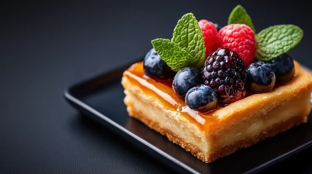 A delicious dessert featuring a slice of cake topped with fresh berries and mint leaves, ideal for food blogs, restaurant menus, and culinary advertisements, Perfect for showcasing delightful treats,