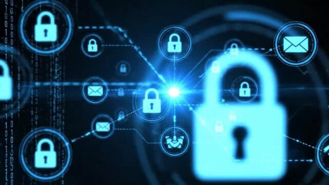 Digital security concept with glowing blue padlocks and binary code on a dark background