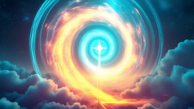 Celestial Light Pillar Emerging From Fiery Swirling Nebula Surrounded by Dreamy Clouds Against Starry Night Sky