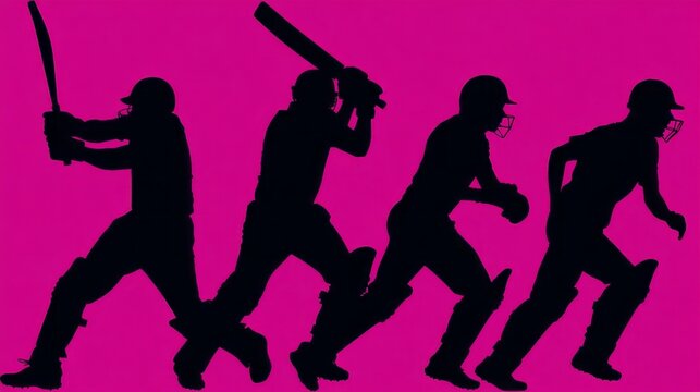 This artwork features silhouettes of cricket players demonstrating various batting and bowling motions against a vibrant pink background. Each pose captures the essence of athleticism and skill