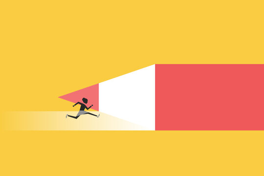 Business recruitment or hiring vector concept. Looking for talent. Business woman running in spotlight or searchlight looking for new career opportunities. Eps10 vector illustration