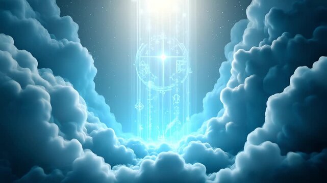 Ethereal Blue Sky with Radiant Light Beam and Celestial Orbs Emerging from Soft Clouds