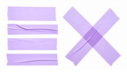 Set of purple adhesive tape strips and cross shape isolated on white background. Realistic wrinkled sticky tape pieces for design elements, banners, and borders. Masking tape texture.