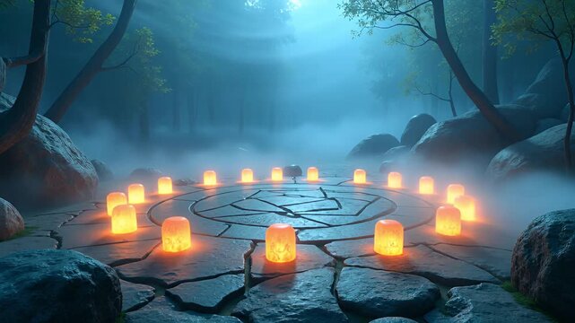 Mystical forest clearing with a stone circle illuminated by glowing lanterns creating an ethereal enchanting atmosphere during twilight hours