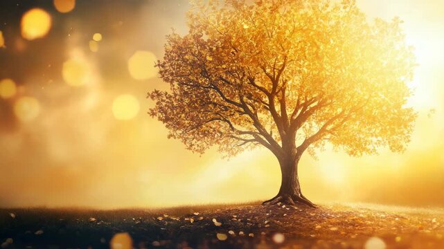 Solitary tree in golden sunset with vibrant leaves