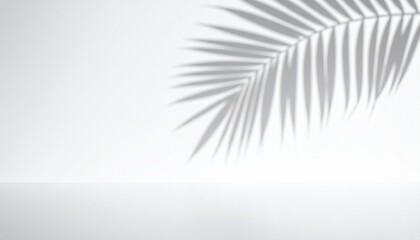 Palm leaf shadow on white background with empty space, perfect for product display or summer-themed designs.