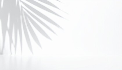Palm leaf shadow on white background with copy space, natural light, minimalist aesthetic for product display or summer concept