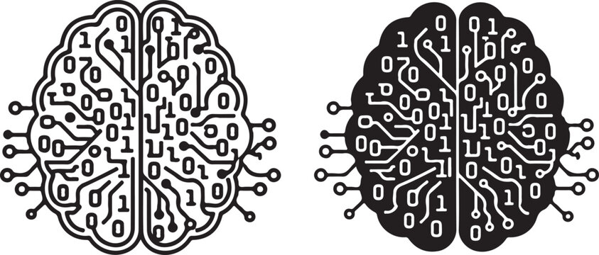 Conceptual illustration of an ai brain, merging human anatomy with digital circuits and binary code, depicting machine intelligence and progress. isolated on white background, Vector, illustration