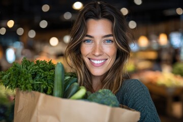 Smiling woman with long hair holding a paper bag filled with fresh vegetables in a vibrant grocery store, showcasing healthy eating and lifestyle choices