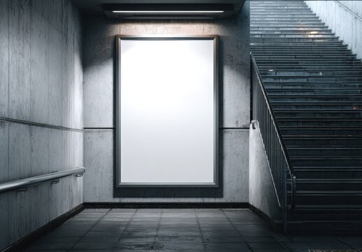 Empty urban stairwell featuring a large blank poster frame on the wall, illuminated by soft lighting, creating a modern and minimalistic atmosphere with copy space