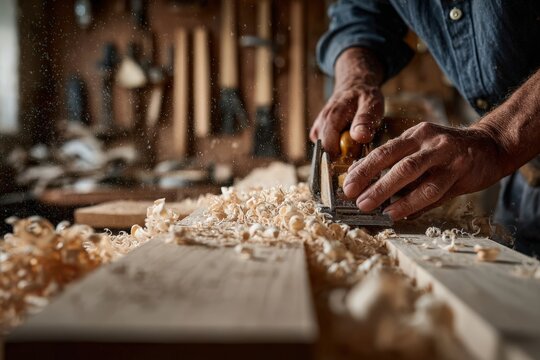 Skilled carpenter using hand plane on wooden boards, surrounded by wood shavings, in a rustic workshop, showcasing traditional craftsmanship and dedication to woodworking