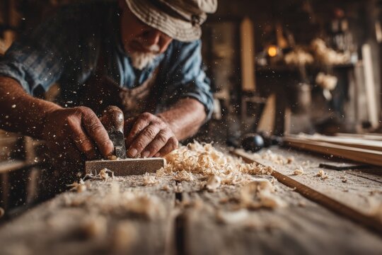 Skilled craftsman, an elderly man with a beard, is planing wood in a rustic workshop, surrounded by shavings and tools, showcasing traditional woodworking techniques and craftsmanship