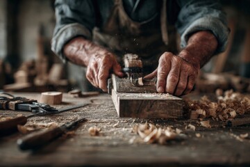 Skilled craftsman, with weathered hands, meticulously shaping wood with a hand plane on a rustic workbench surrounded by shavings and tools, showcasing traditional woodworking techniques