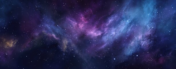 Naklejka premium Vast cosmic expanse featuring vibrant nebulae in shades of purple and blue, scattered stars illuminating the dark space, creating a mesmerizing celestial scene