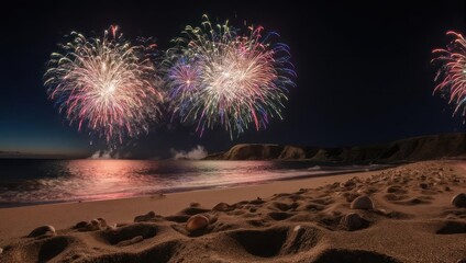Fireworks Display Over Beach at Night with Reflections.