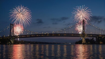 Fireworks Display Over Suspension Bridge at Night, Sparkling Celebration.