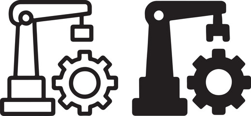Robotic arm icon and gear icon illustrating industrial automation, manufacturing processes, and mechanical engineering in modern production isolated on white background, Vector, illustration
